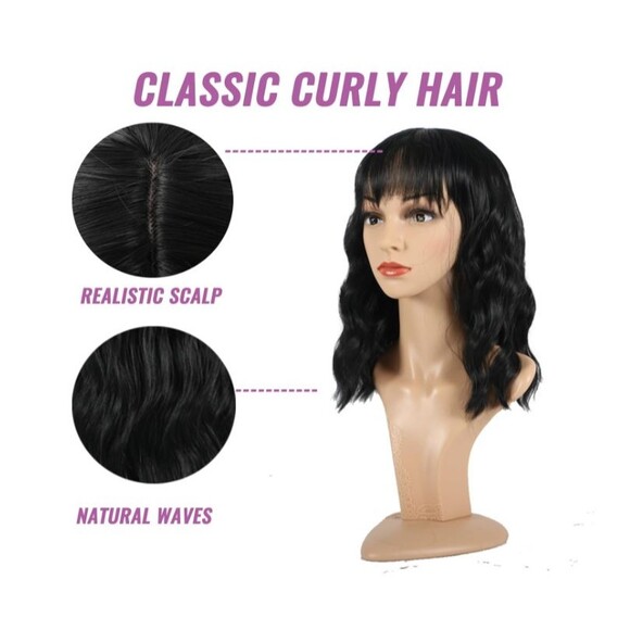 Black Wavy Bob Wig w/ Bangs – Natural-Looking Synthetic Hair, Heat-Resistant NEW - Picture 3 of 5